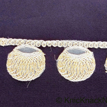 Gold Shimmer Thread Embroidered Circle Design Thread Trim, Fringe Trim, Approx. 34mm wide
